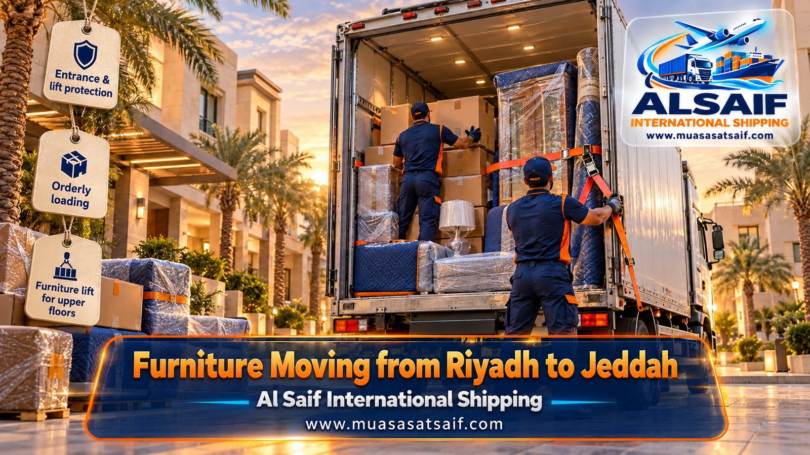 Furniture hoist lowering wrapped items from an upper floor into a closed truck in Riyadh