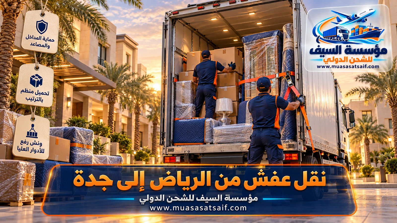 تحميل أثاث مغلف بالونش من دور علوي إلى شاحنة مغلقة في الرياض قبل نقله إلى جدة
