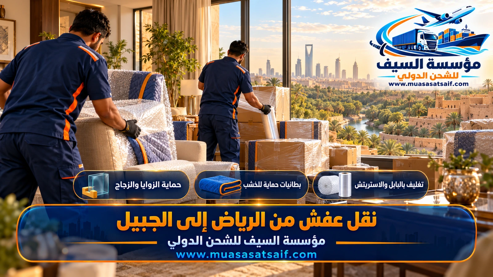 تغليف الأثاث بالكرتون والبطانيات استعداداً لرحلة شركة نقل عفش من الرياض الي الجبيل