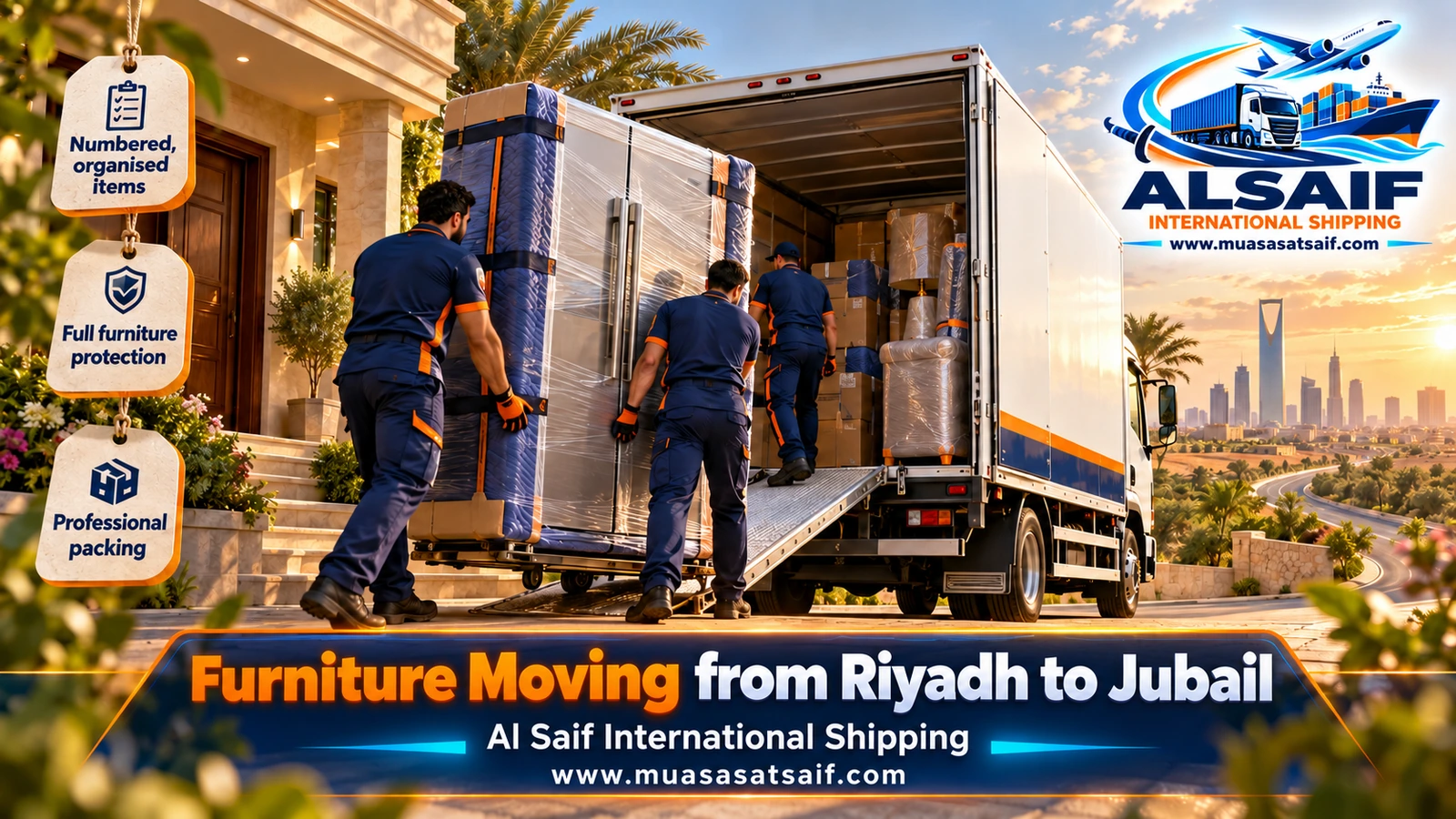 Furniture Moving from Riyadh to Jubail | Dismantling, Packing & Closed Trucks to Industrial City and Old Jubail