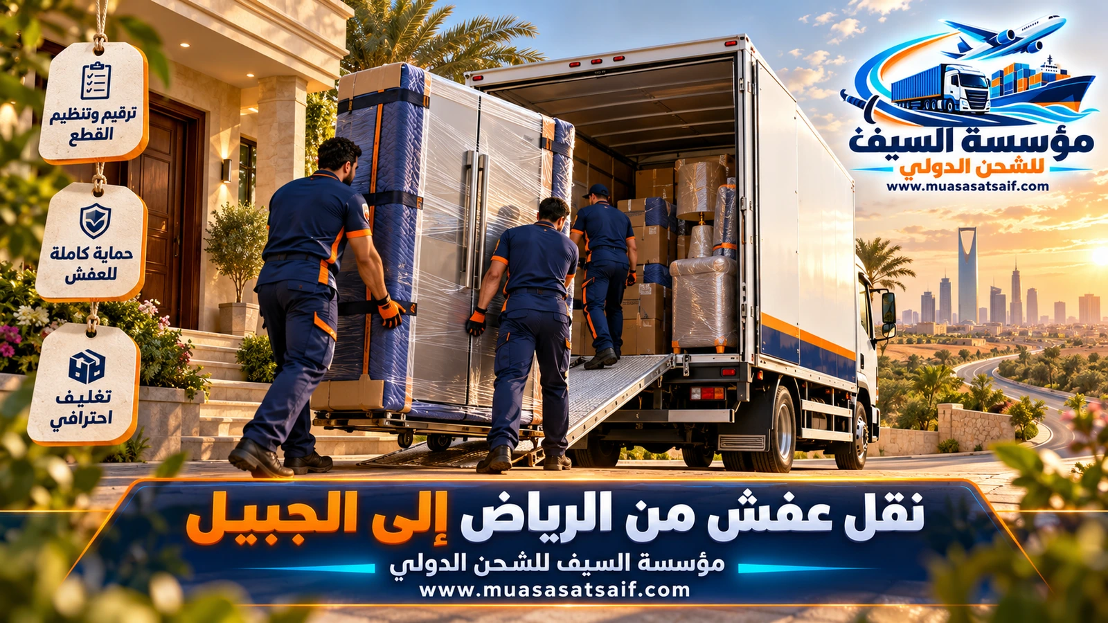 شركة نقل عفش من الرياض الي الجبيل | فك وتغليف وشاحنة مغلقة إلى الجبيل الصناعية والبلد