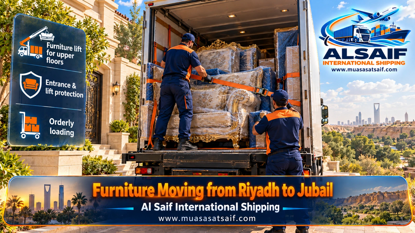 Furniture strapped inside a closed truck before leaving Riyadh for Jubail