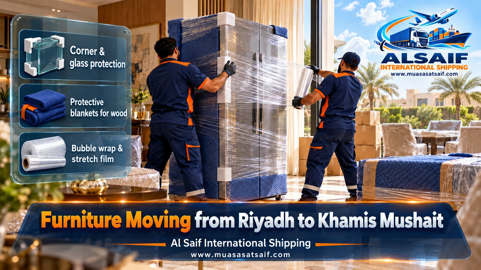 Wrapping majlis cushions and wooden tables before the move from Riyadh to Khamis Mushait