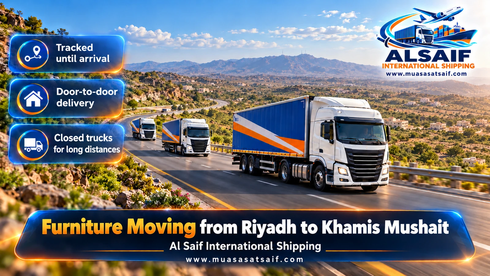 Closed moving truck on the Tathlith desert road before climbing to Khamis Mushait
