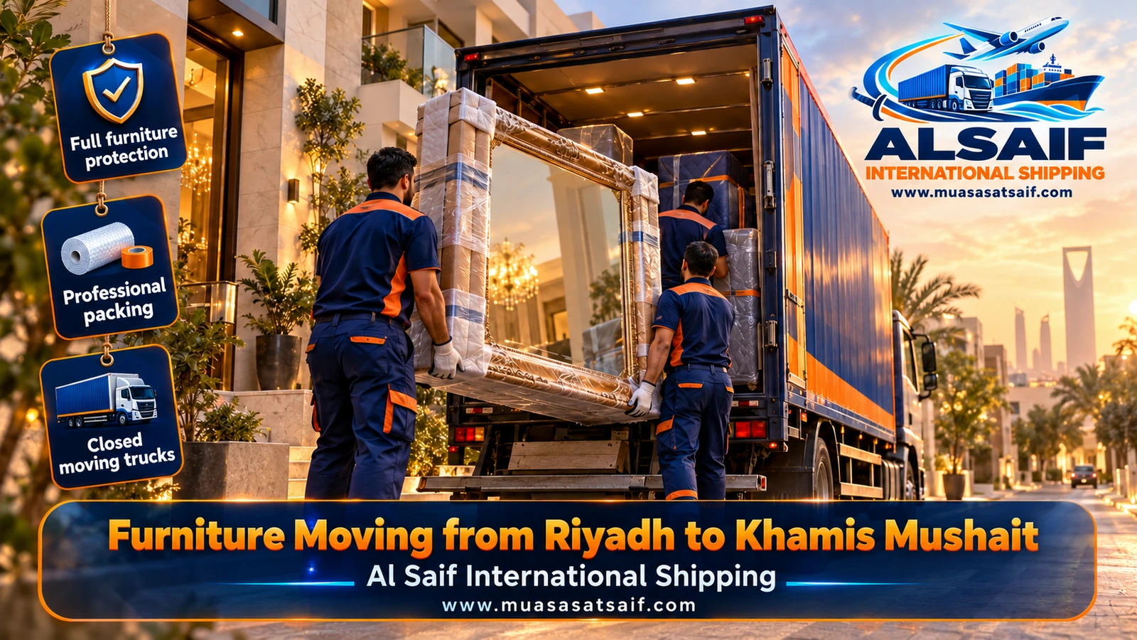 Furniture Moving from Riyadh to Khamis Mushait | Closed Trucks via Tathlith and Assembly at Your New Home