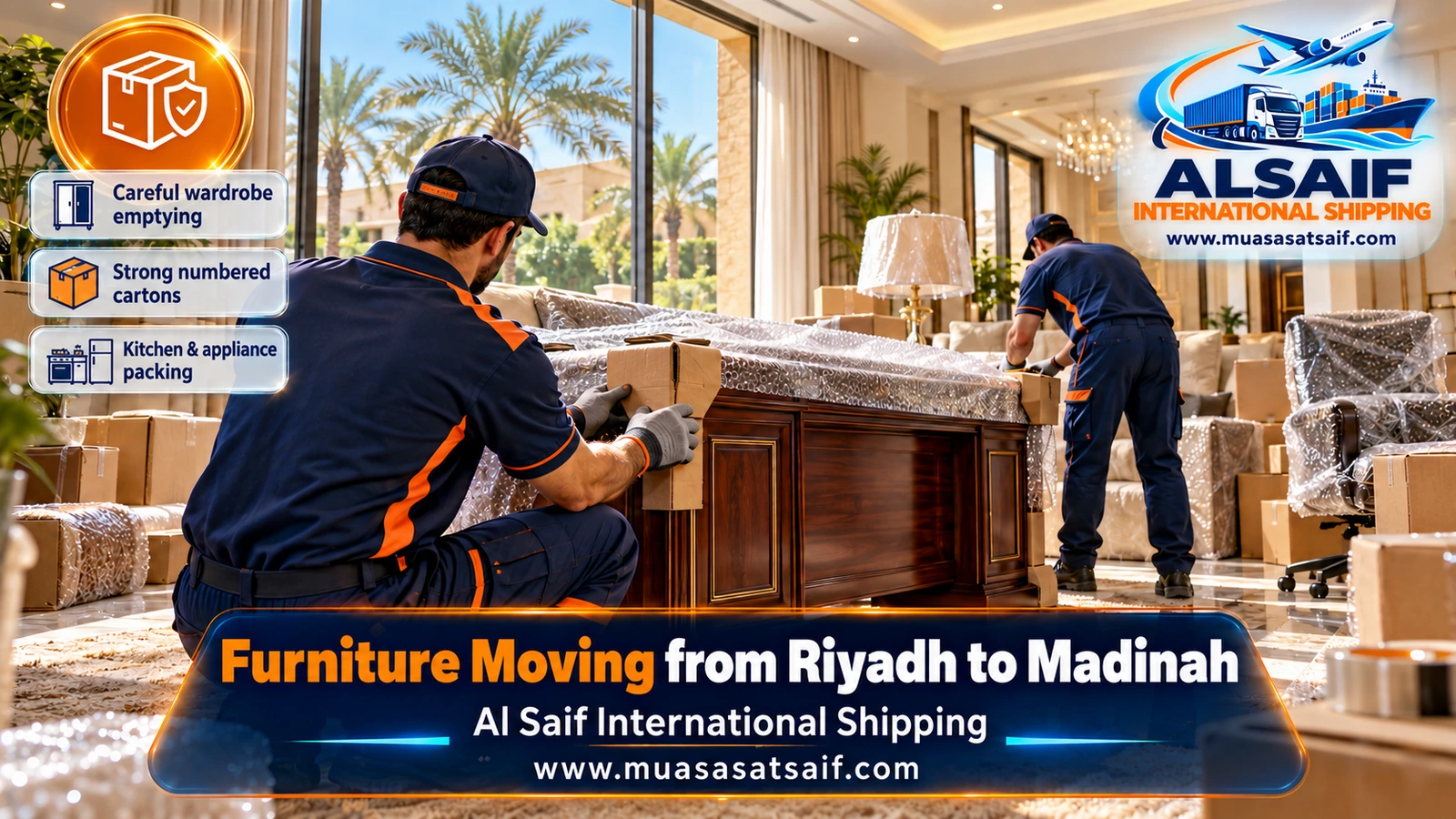 Mirrors and tables protected with corner guards and blankets for furniture moving from Riyadh to Madinah
