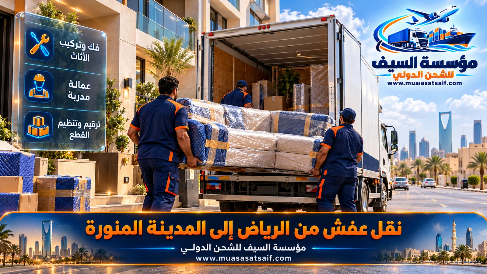 شركة نقل عفش من الرياض الي المدينة | شاحنة مغلقة عبر القصيم وتسليم وتركيب في كل الأحياء