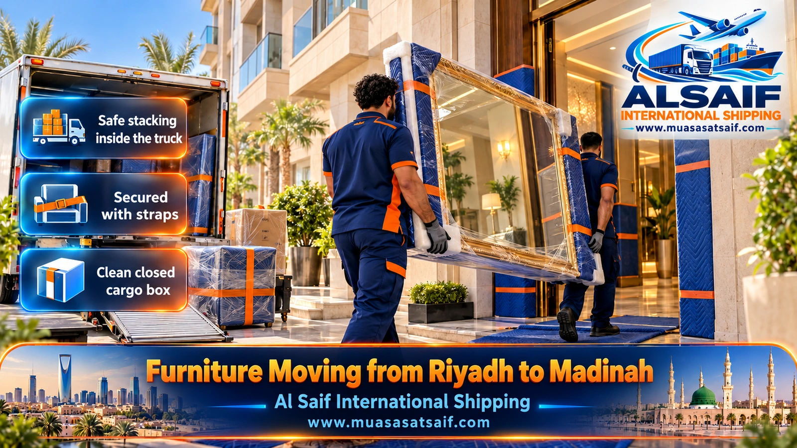 Wrapped bedroom furniture being loaded into a closed truck in Riyadh for furniture moving from Riyadh to Madinah