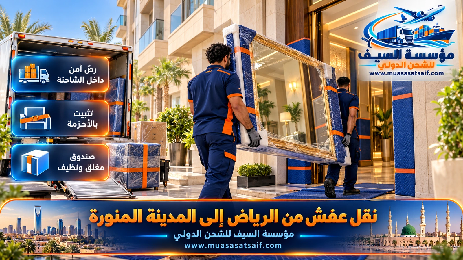 تحميل غرفة نوم مغلفة في شاحنة مغلقة من حي في الرياض ضمن شركة نقل عفش من الرياض الي المدينة