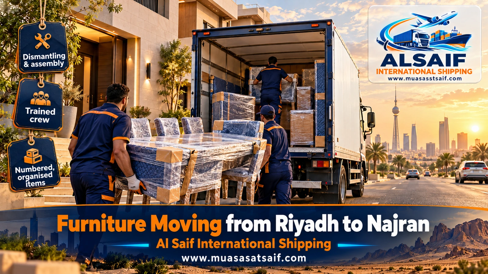 Furniture Moving from Riyadh to Najran | Dust-Sealed Packing and Closed Trucks via Al Sulayyil