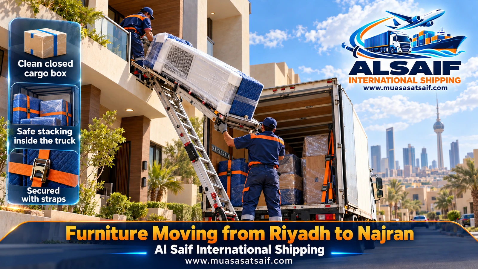 Appliances and cartons strapped inside a closed truck moving furniture from Riyadh to Najran