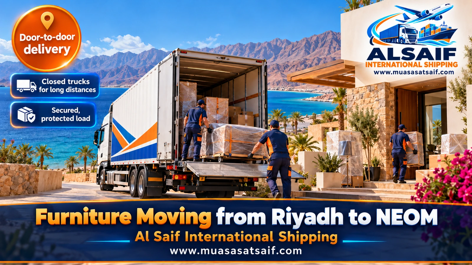 Closed moving truck on the Hail to Tabuk highway during furniture moving from Riyadh to NEOM