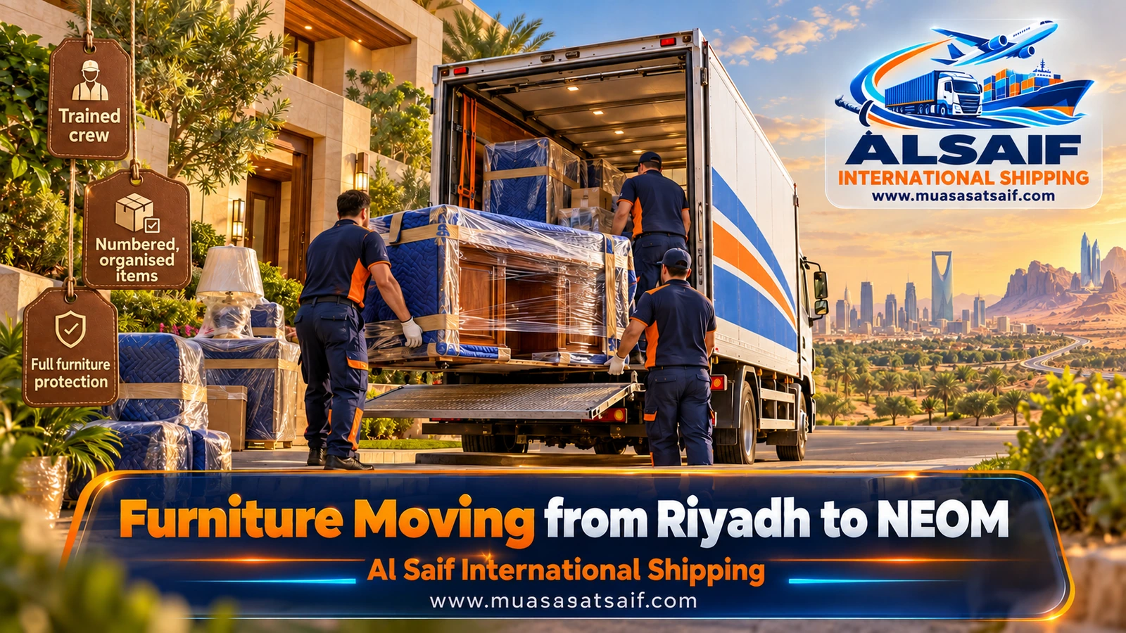 Furniture Moving from Riyadh to NEOM | Closed Trucks, Long-Haul Packing & Assembly in Sharma, Gayal and Duba