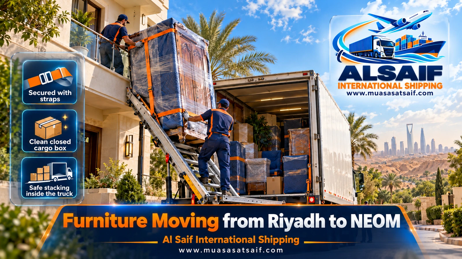 Loading packed furniture into a closed truck in Riyadh for furniture moving from Riyadh to NEOM