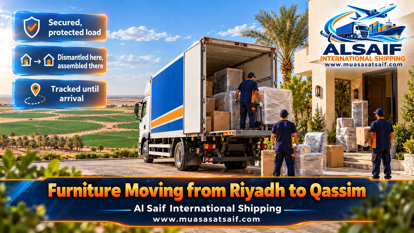Closed furniture truck heading from Riyadh to Qassim governorates past palm farms