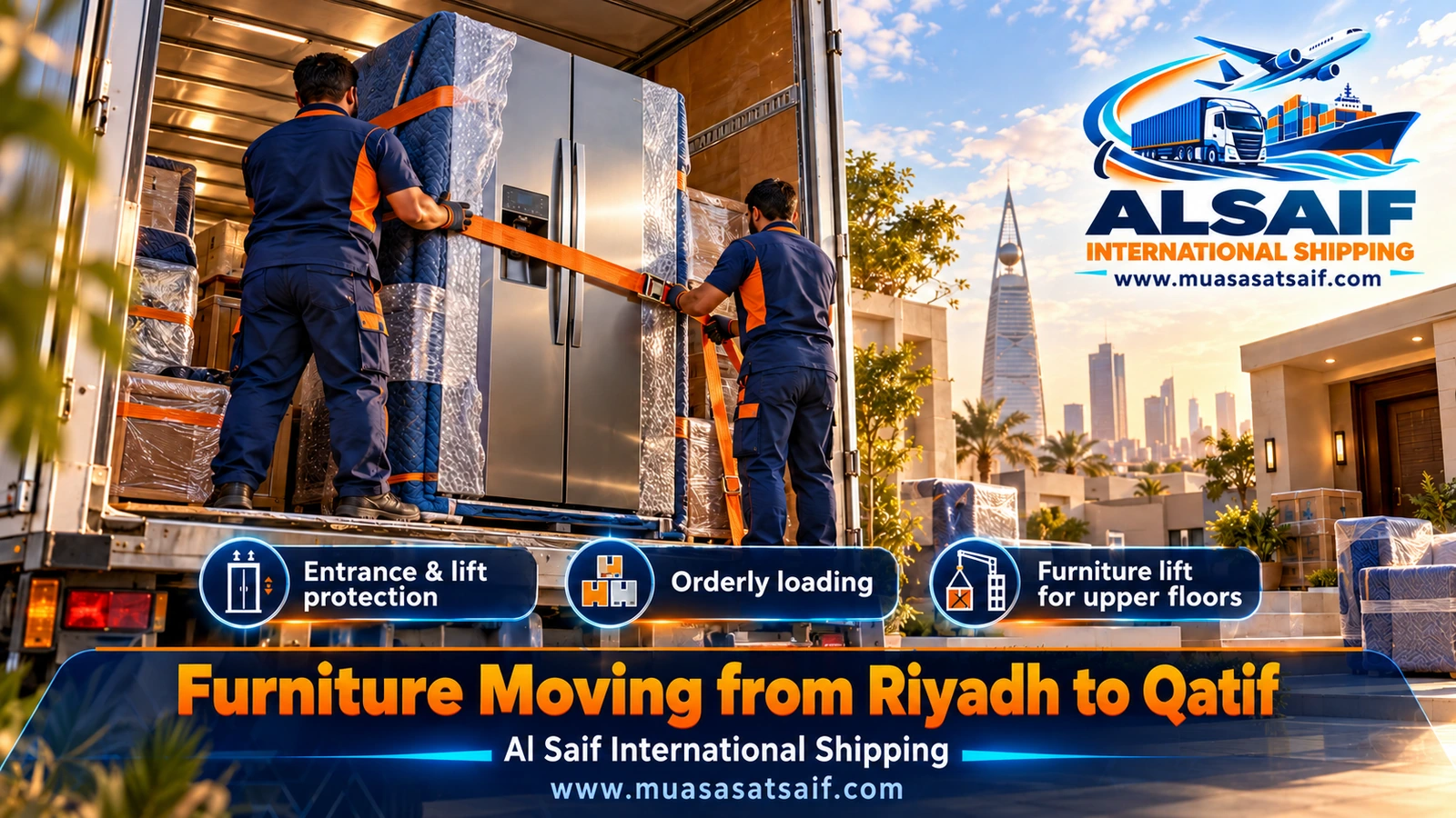Wrapped furniture loaded into a closed truck in Riyadh before the drive to Qatif