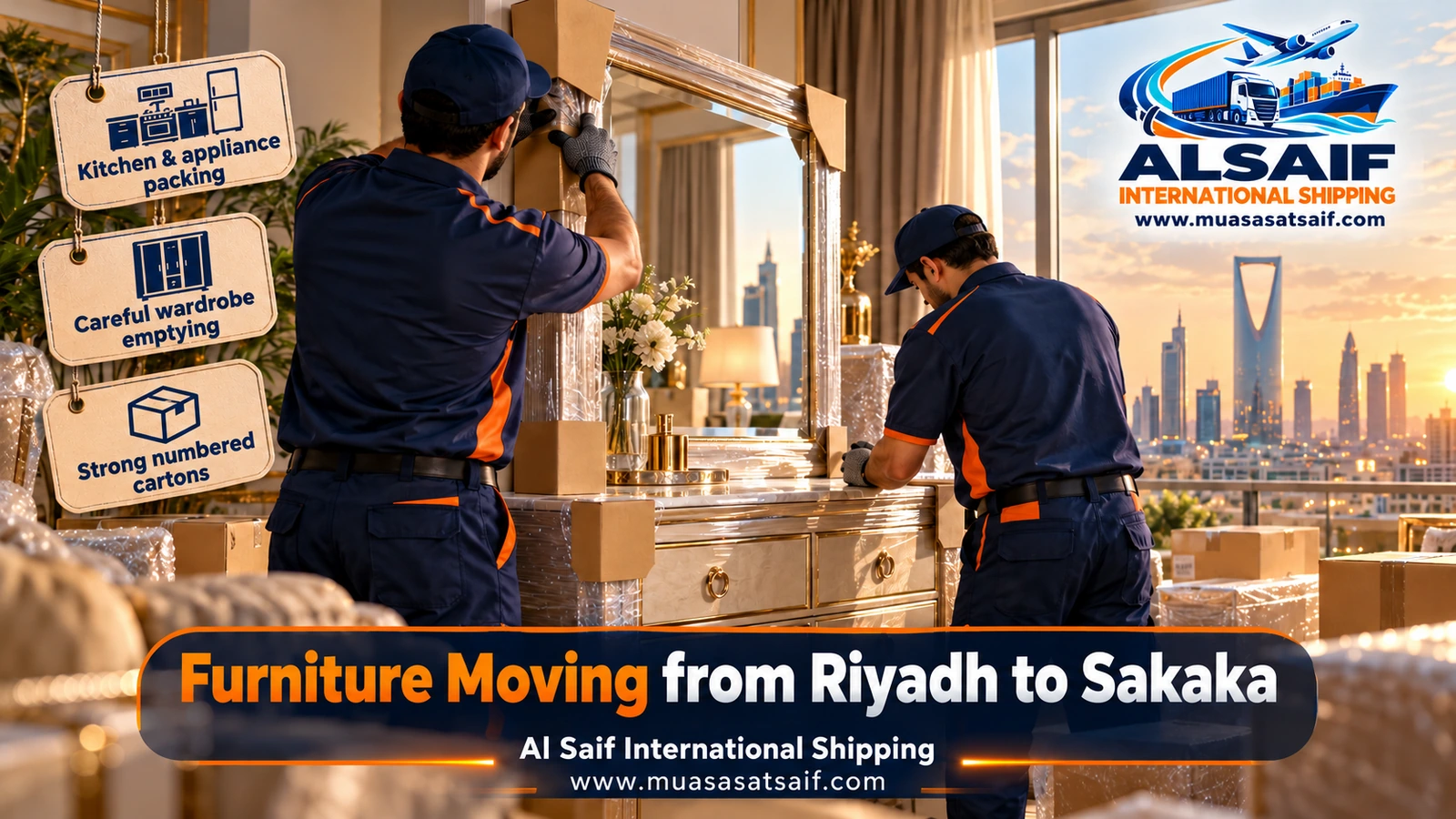 Double-layer packing and taped drawers before furniture moving from Riyadh to Sakaka
