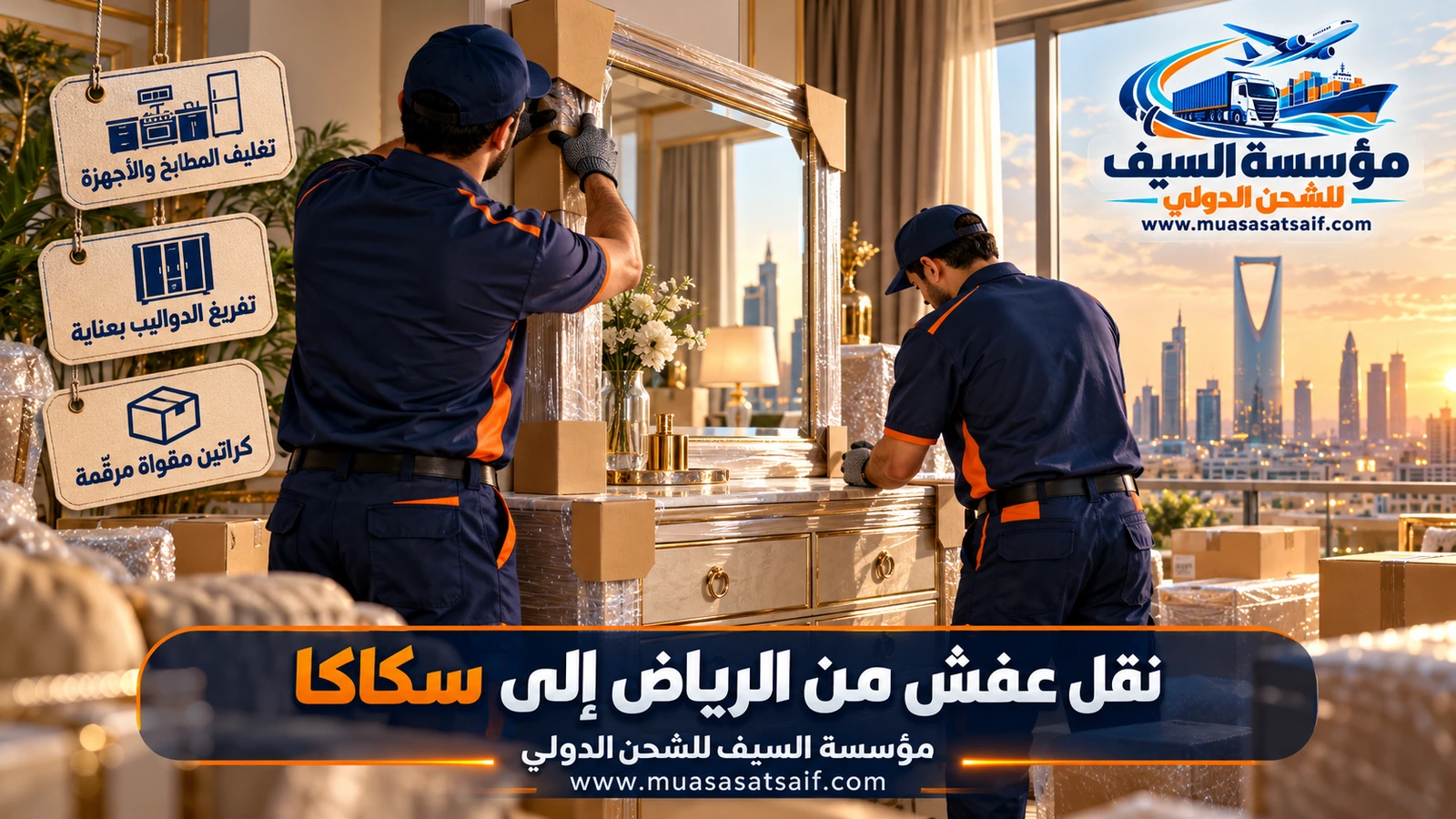 تغليف مضاعف للأثاث وإغلاق الأدراج قبل نقل العفش من الرياض إلى سكاكا