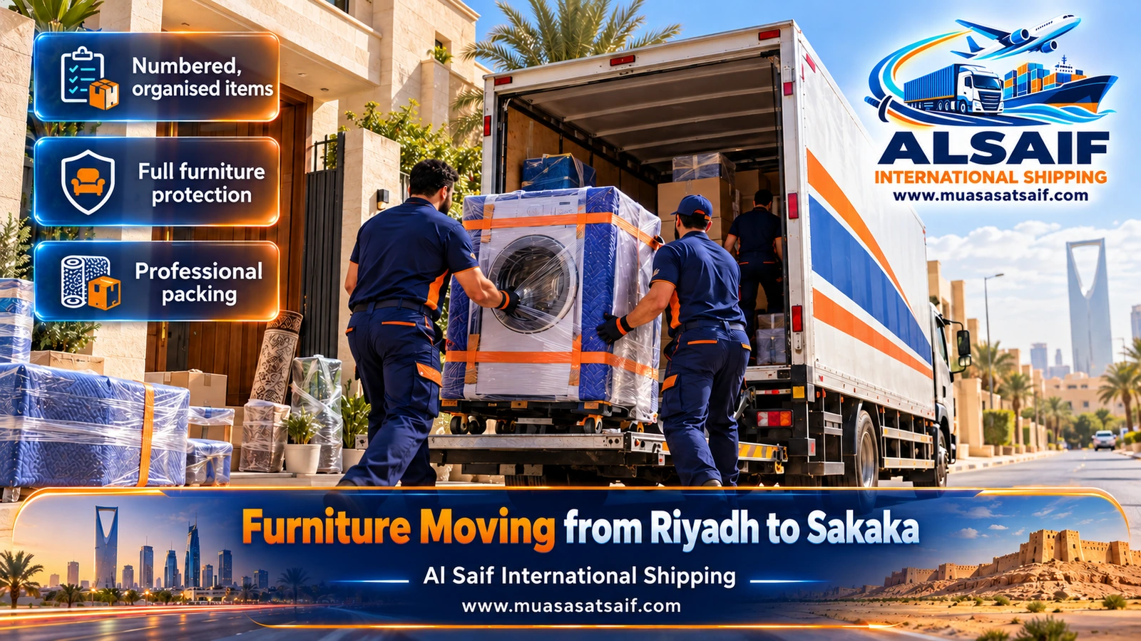 Furniture Moving from Riyadh to Sakaka | Closed Trucks Across the Nafud with Double Packing