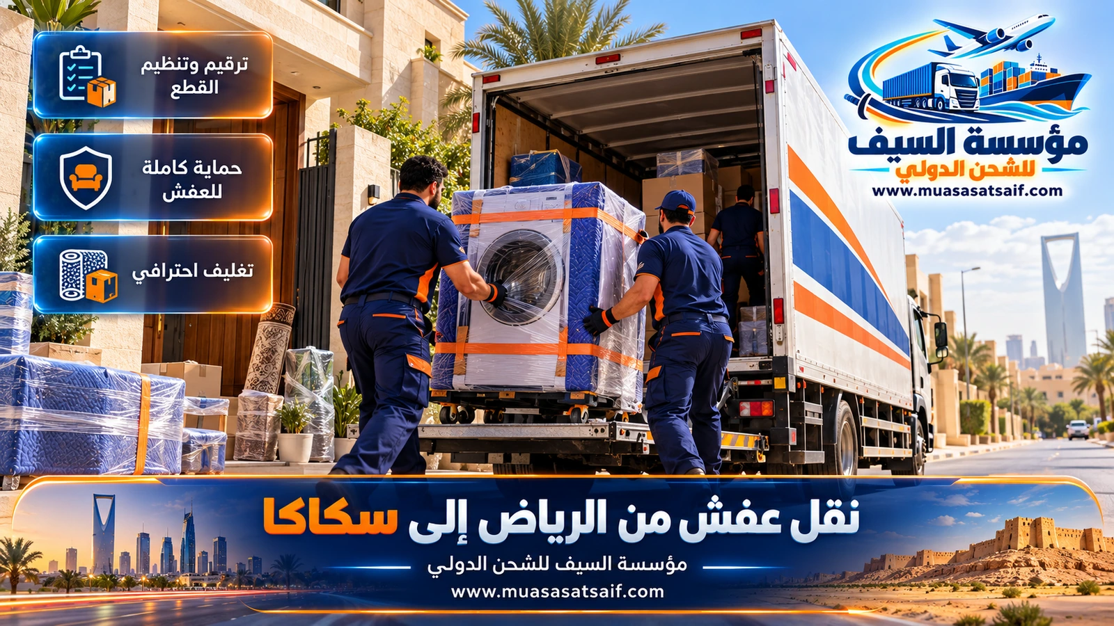 شركة نقل عفش من الرياض الي سكاكا | عبور النفود بشاحنة مغلقة وتغليف مضاعف وتركيب في الجوف
