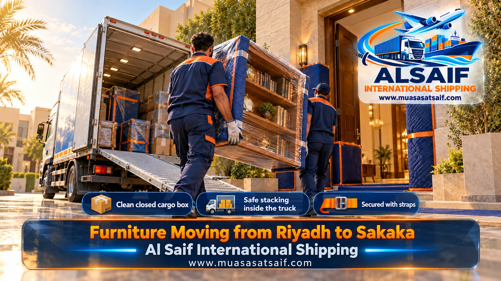 Strapping rows of furniture inside a closed truck for furniture moving from Riyadh to Sakaka