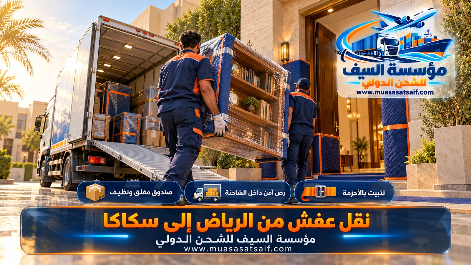 ربط صفوف الأثاث بالأحزمة داخل شاحنة شركة نقل عفش من الرياض الي سكاكا