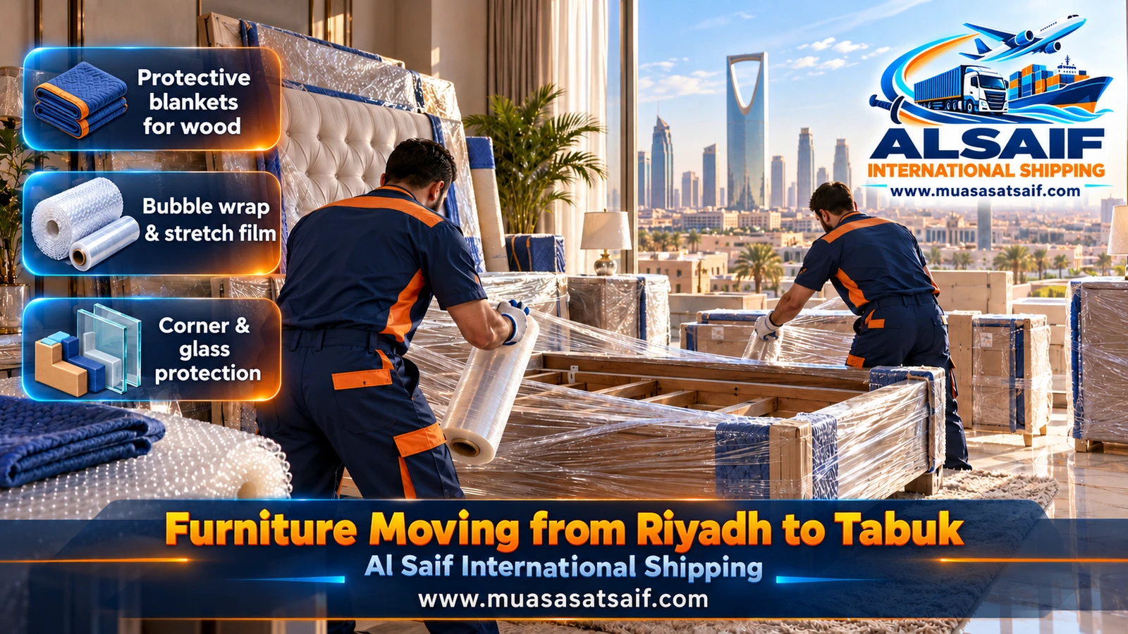 Double-layer packing of furniture and glass before furniture moving from Riyadh to Tabuk