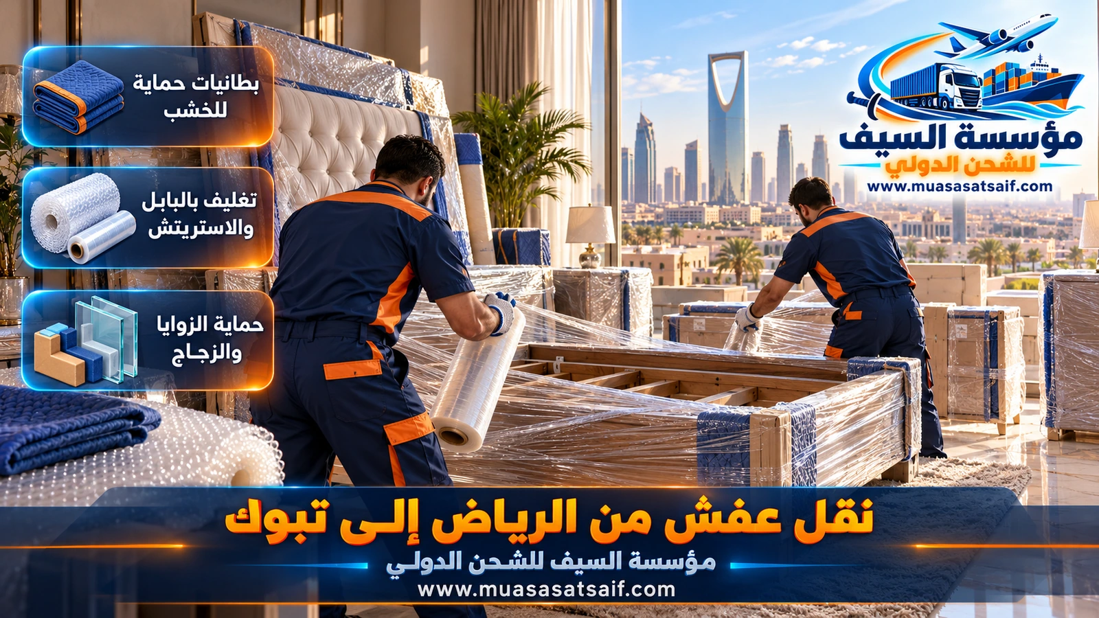 تغليف مضاعف للأثاث والزجاج قبل نقل العفش من الرياض إلى تبوك