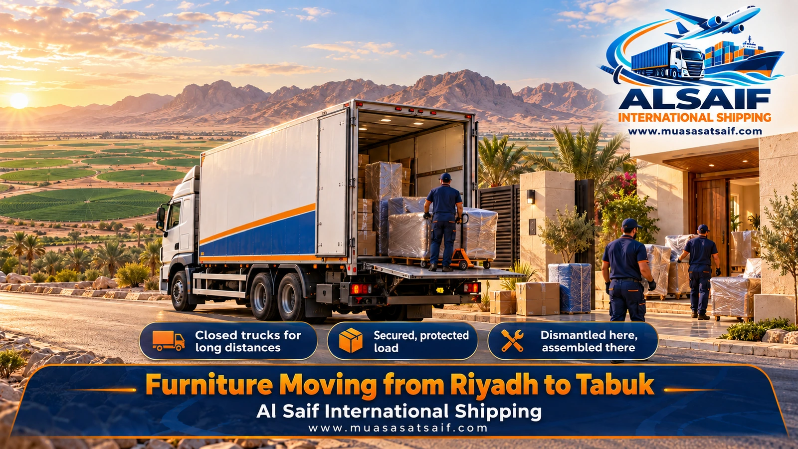 Closed truck on the Tayma–Tabuk road during furniture moving from Riyadh to Tabuk