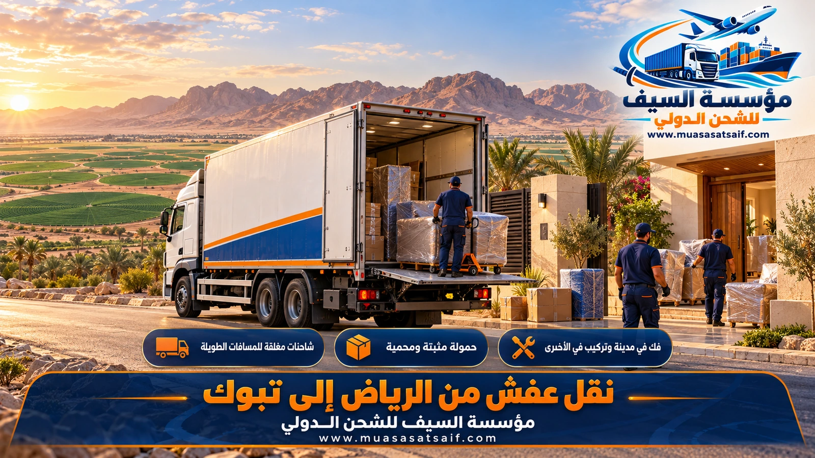 شاحنة مغلقة على الطريق بين تيماء وتبوك في رحلة نقل العفش من الرياض إلى تبوك