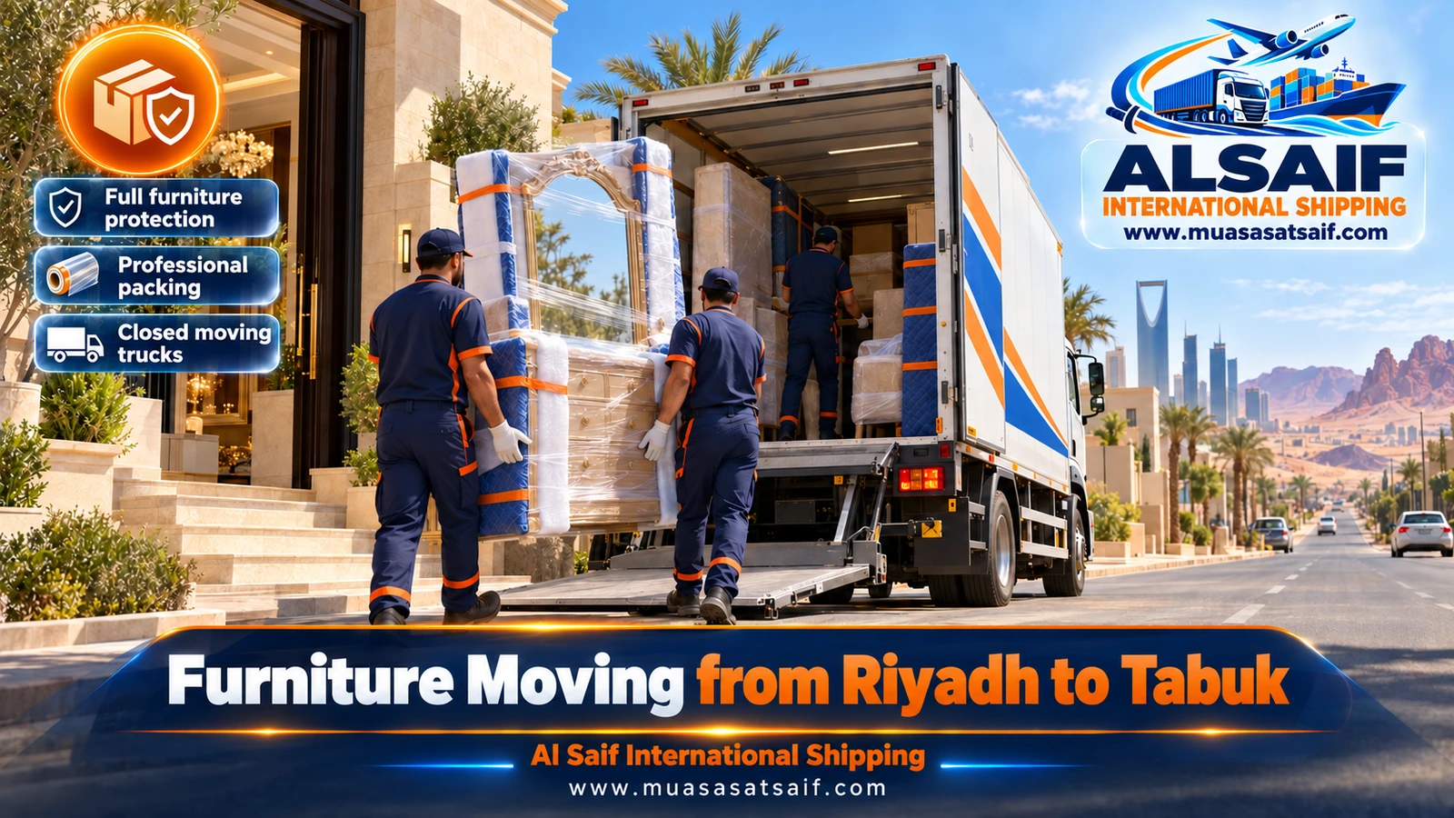 Furniture Moving from Riyadh to Tabuk | Two-Day Plan, Double Packing & Closed Trucks