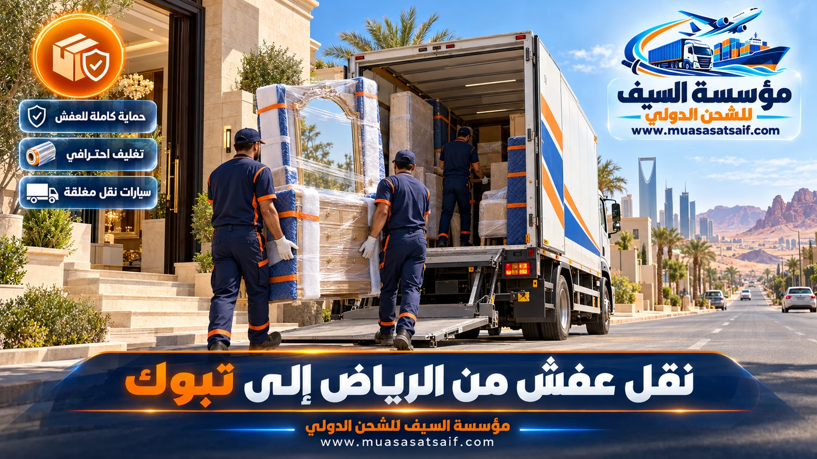 شركة نقل عفش من الرياض الي تبوك | خطة يومين وتغليف مضاعف وشاحنة مغلقة حتى الباب
