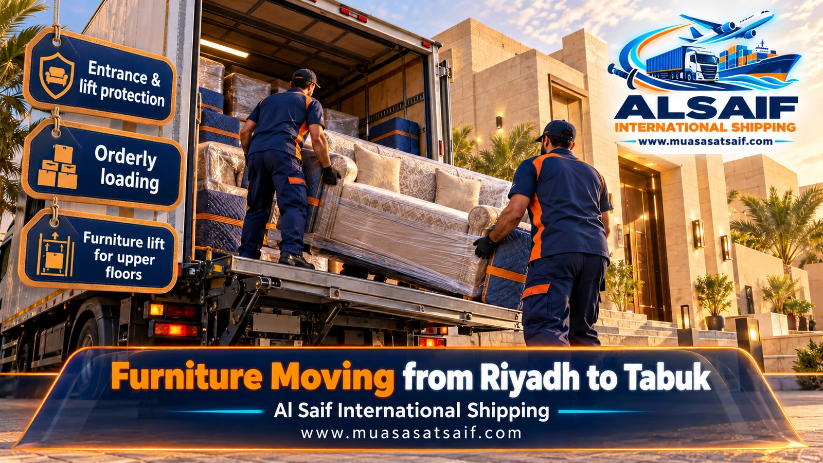 Loading and balancing furniture inside a closed truck for furniture moving from Riyadh to Tabuk