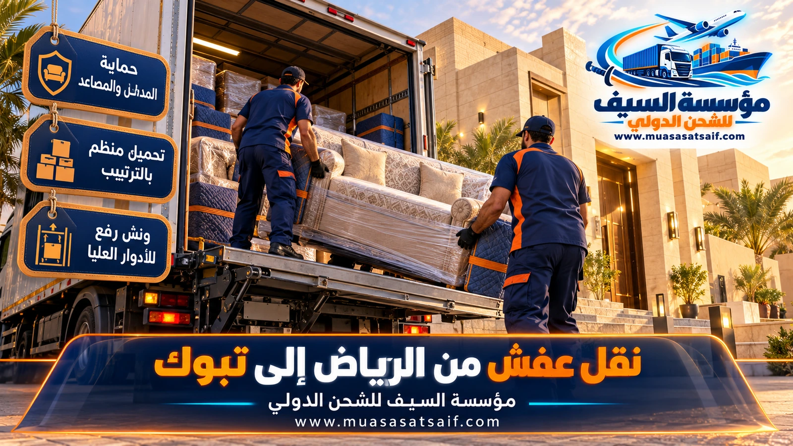 تحميل الأثاث وتوزيع الوزن داخل شاحنة شركة نقل عفش من الرياض الي تبوك