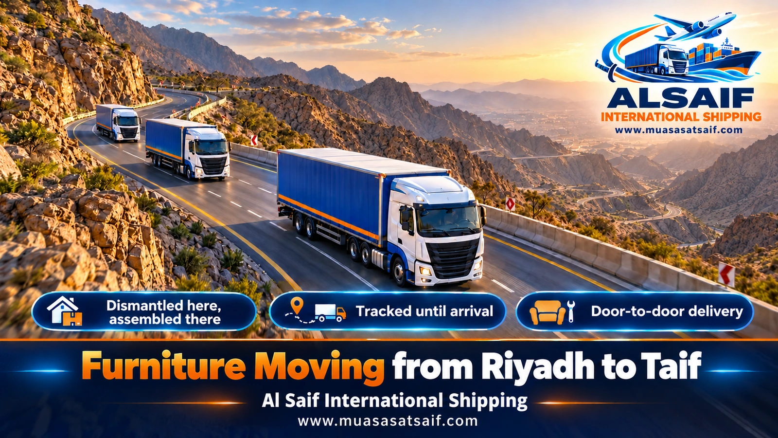 Closed truck on the Riyadh–Taif expressway during furniture moving from Riyadh to Taif