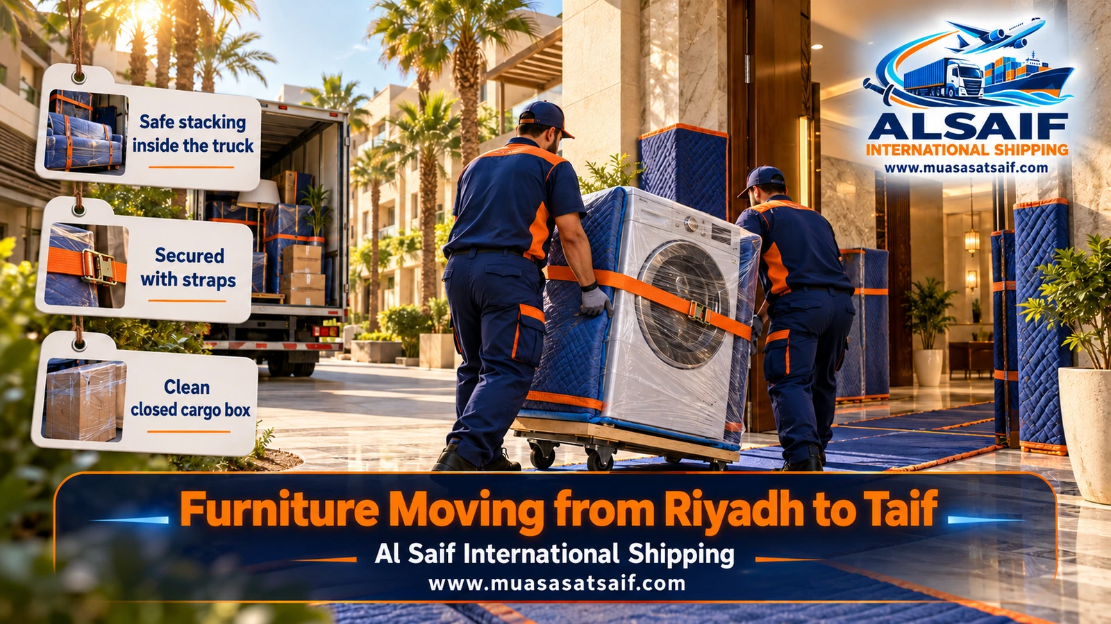 Loading wrapped furniture into a closed truck at a Riyadh building for furniture moving from Riyadh to Taif