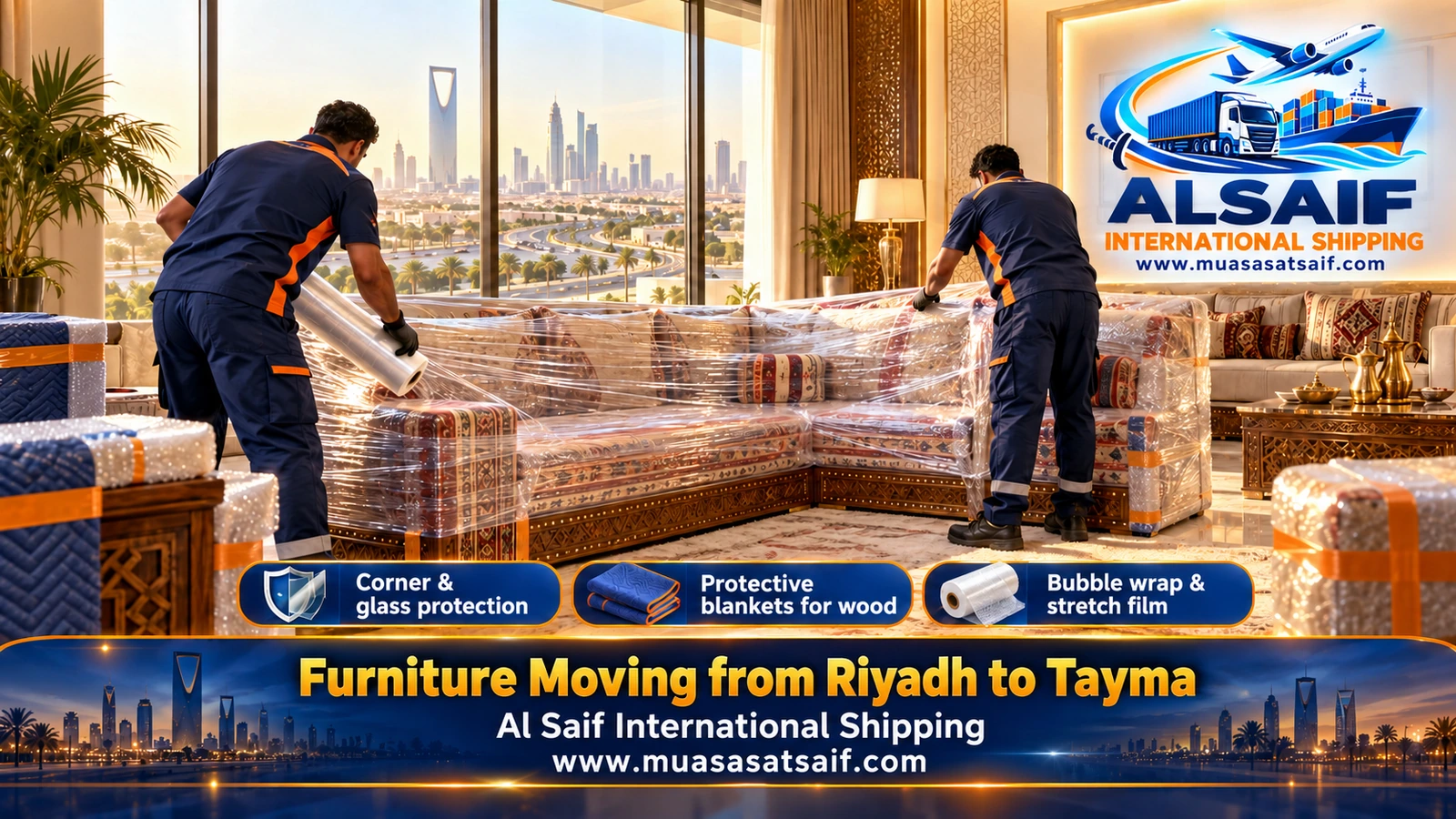 Dust-tight wrapping of furniture and drawers before furniture moving from Riyadh to Tayma