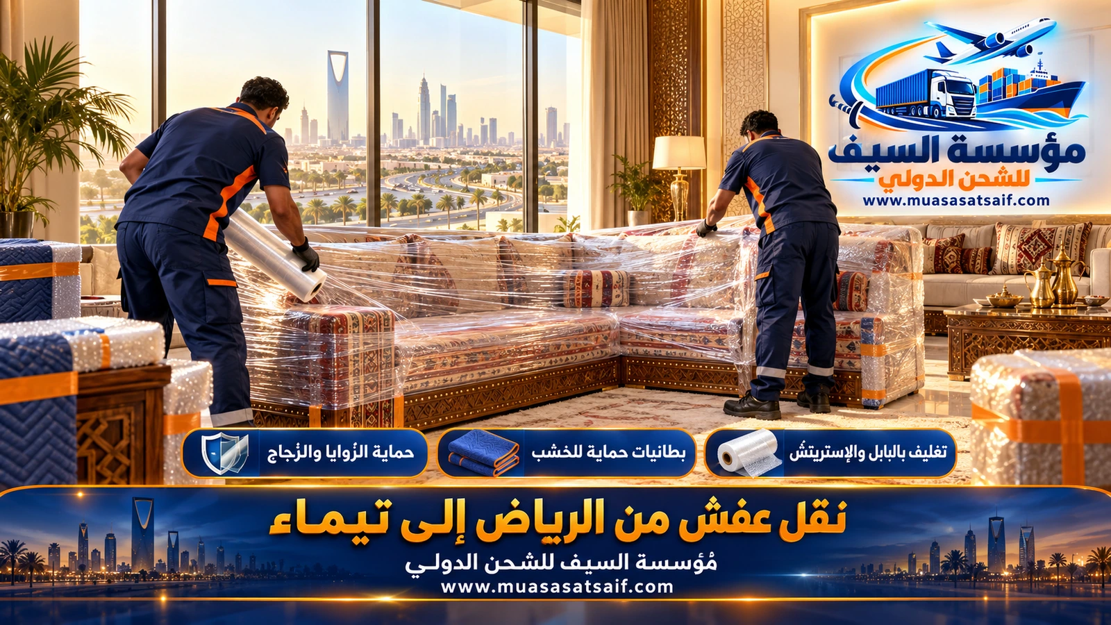 تغليف محكم للأثاث والأدراج ضد الغبار قبل نقل العفش من الرياض إلى تيماء