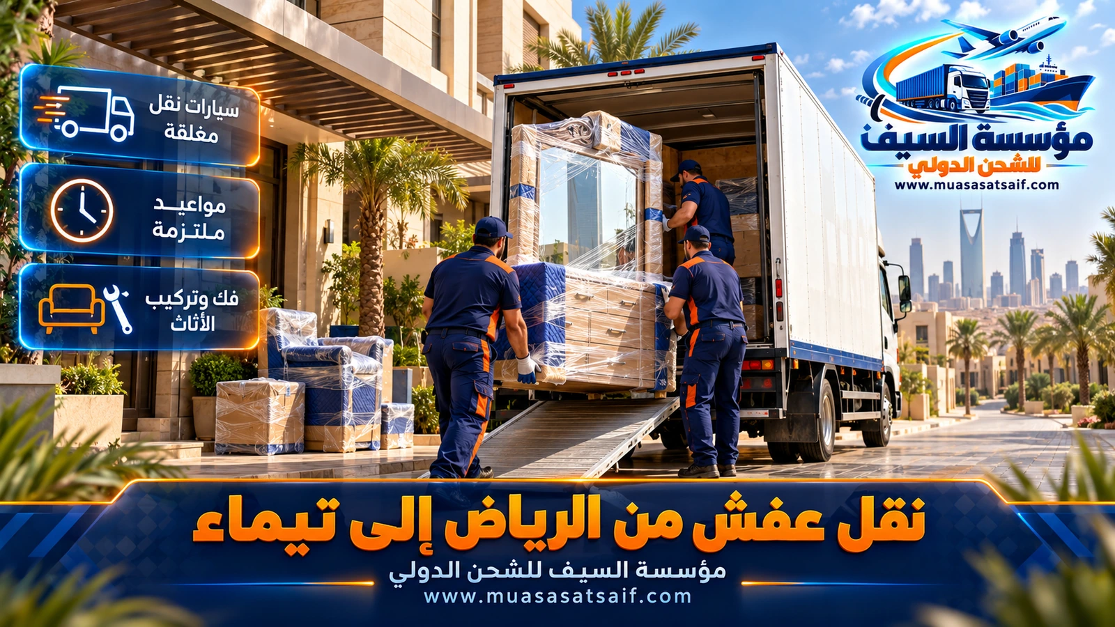شركة نقل عفش من الرياض الي تيماء | تغليف ضد الغبار وتسليم للبيوت والمزارع بشاحنة مغلقة