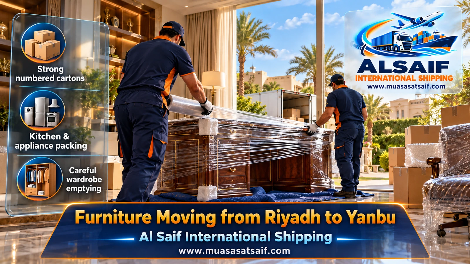 Appliances and wooden furniture sealed in stretch film against humidity for furniture moving from Riyadh to Yanbu