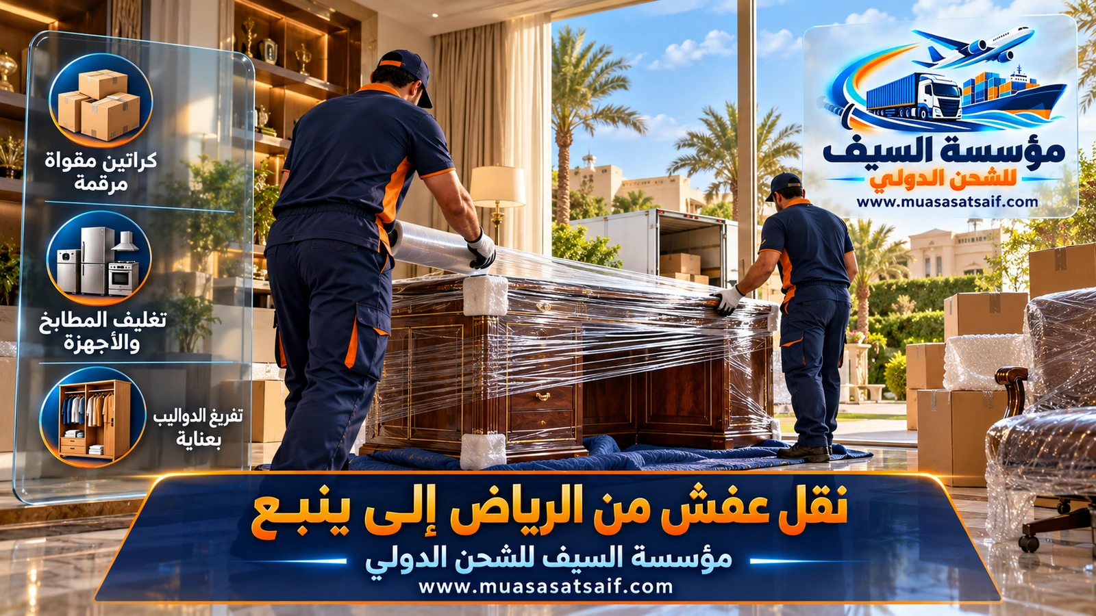تغليف الأجهزة والأثاث الخشبي بالنايلون المحكم ضد الرطوبة لدى شركة نقل عفش من الرياض الي ينبع