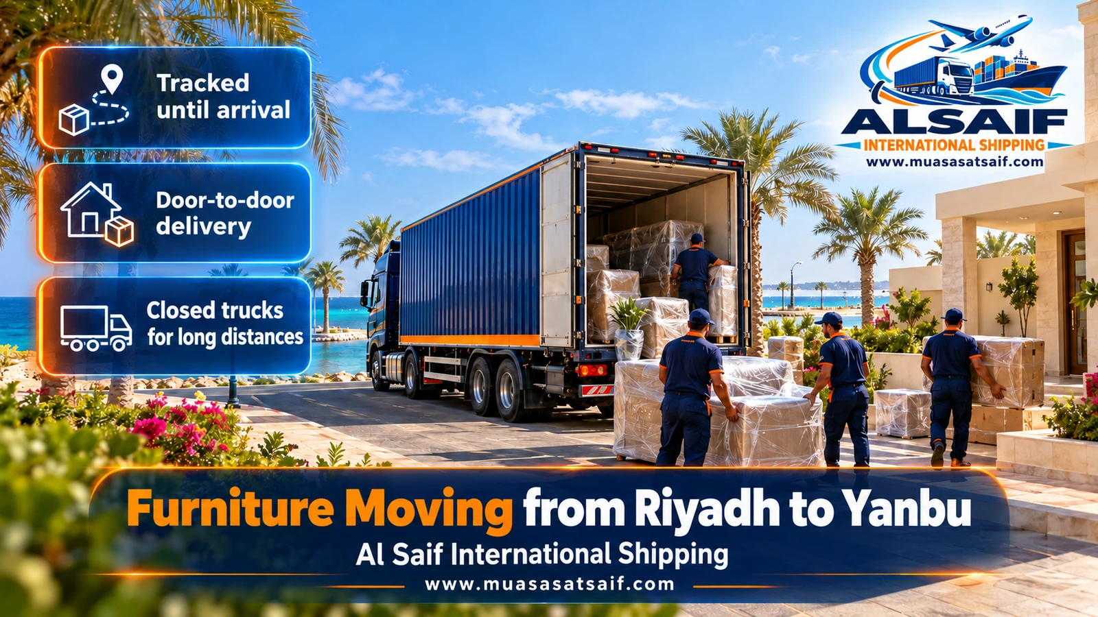 Closed truck on the Madinah–Yanbu expressway during furniture moving from Riyadh to Yanbu