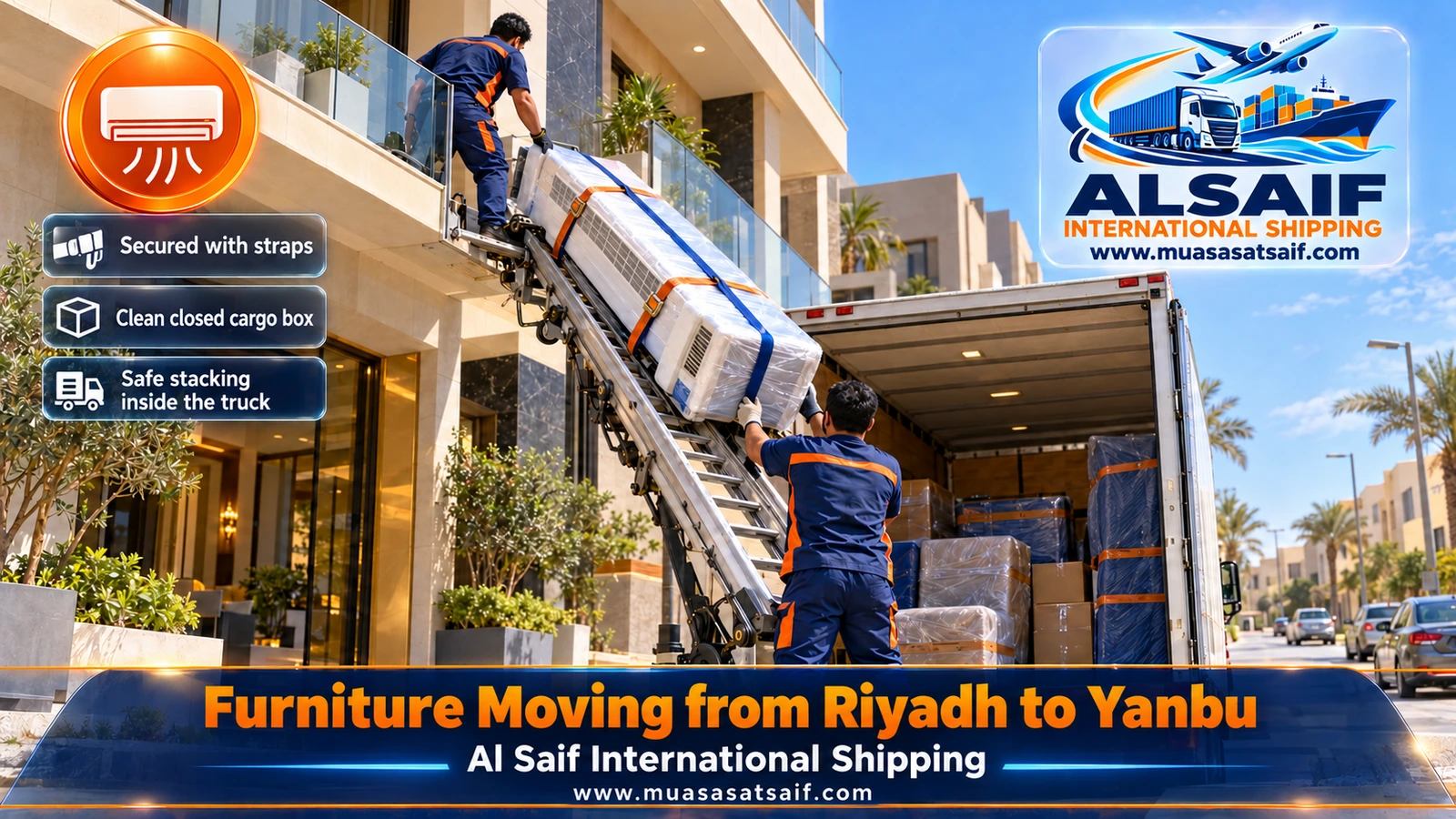 Wrapped furniture loaded from a Riyadh building into a closed truck for furniture moving from Riyadh to Yanbu