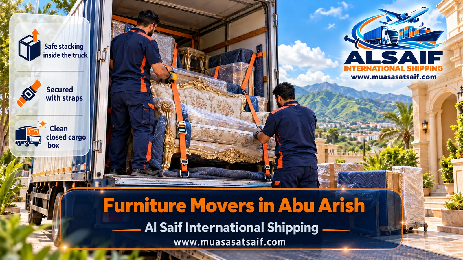Wrapped furniture strapped inside a closed truck in Abu Arish