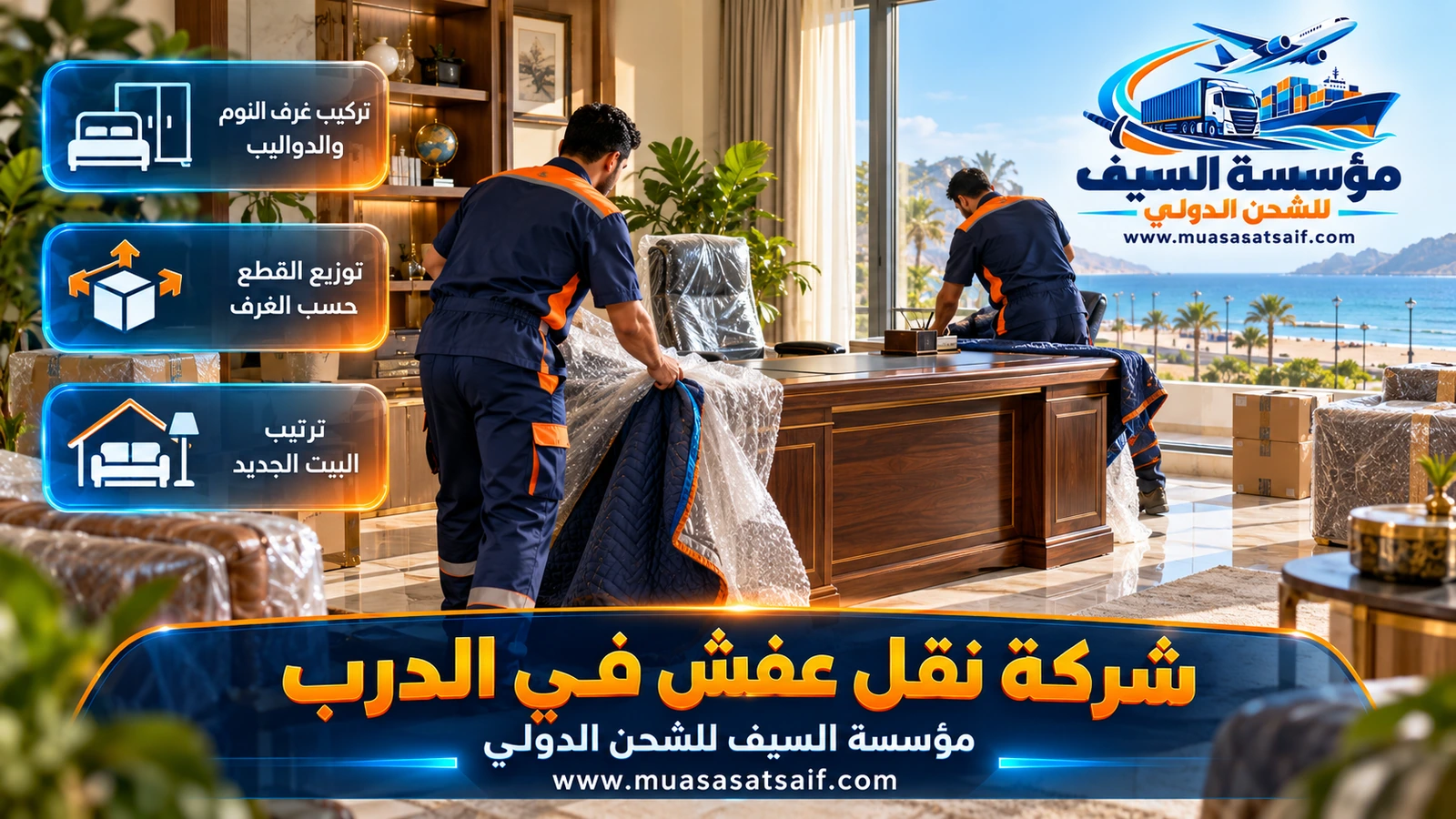 نجار من شركة نقل عفش الدرب يركب دولاب غرفة نوم في بيت العميل الجديد