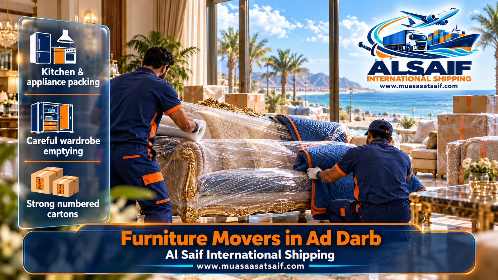 Movers wrapping sofas and appliances in bubble wrap before furniture moving in Ad Darb