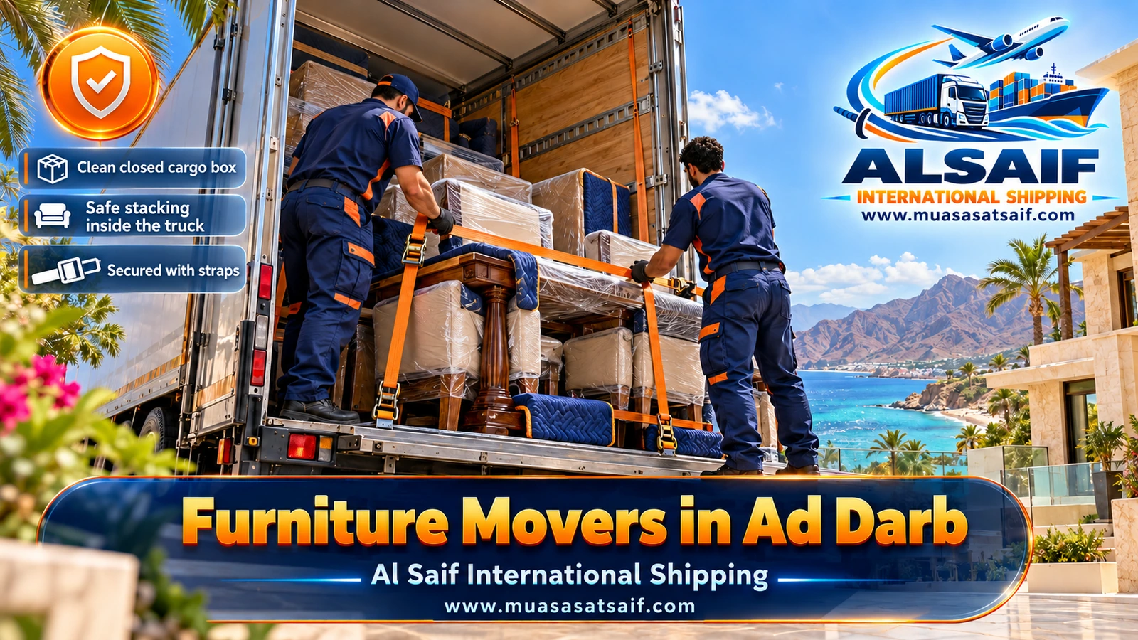 Wrapped furniture strapped inside a closed truck for furniture moving in Ad Darb