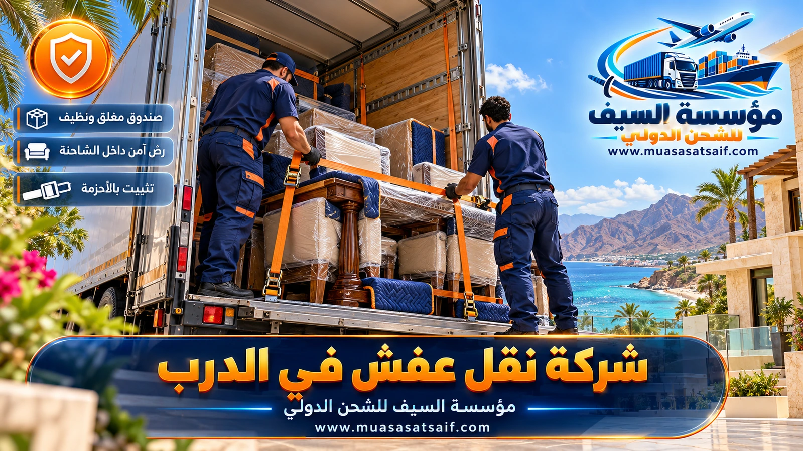 تحميل أثاث مغلف داخل دينا مغلقة لدى شركة نقل عفش الدرب مع تثبيت الحمولة بالأحزمة