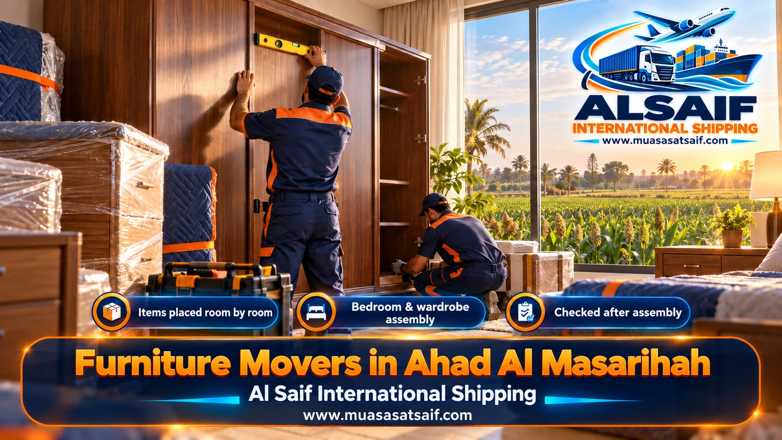 Carpenter assembling a bedroom wardrobe in a new house after furniture moving in Ahad Al Masarihah
