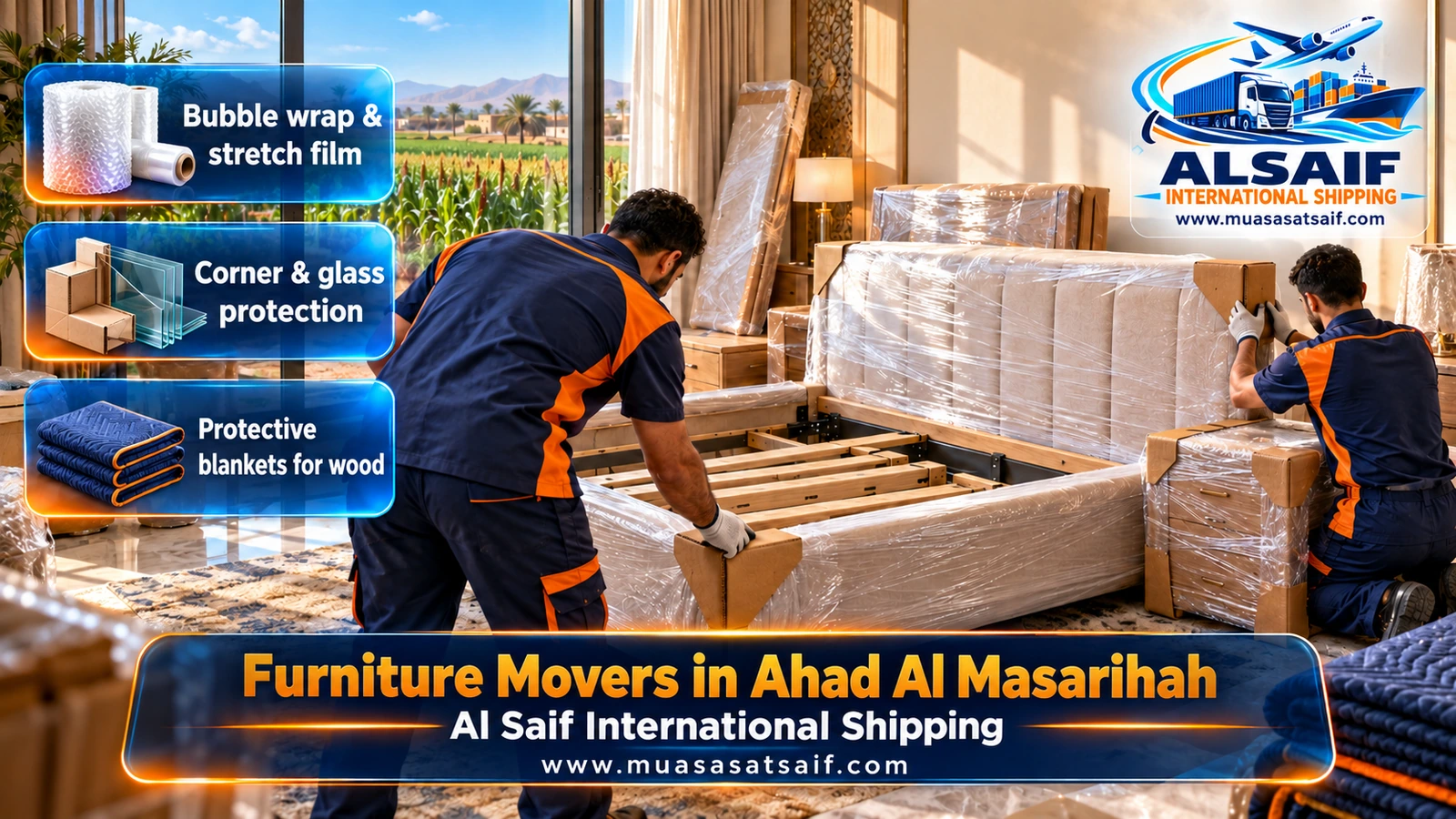 Mattresses, sofas and screens being wrapped before loading for furniture moving in Ahad Al Masarihah